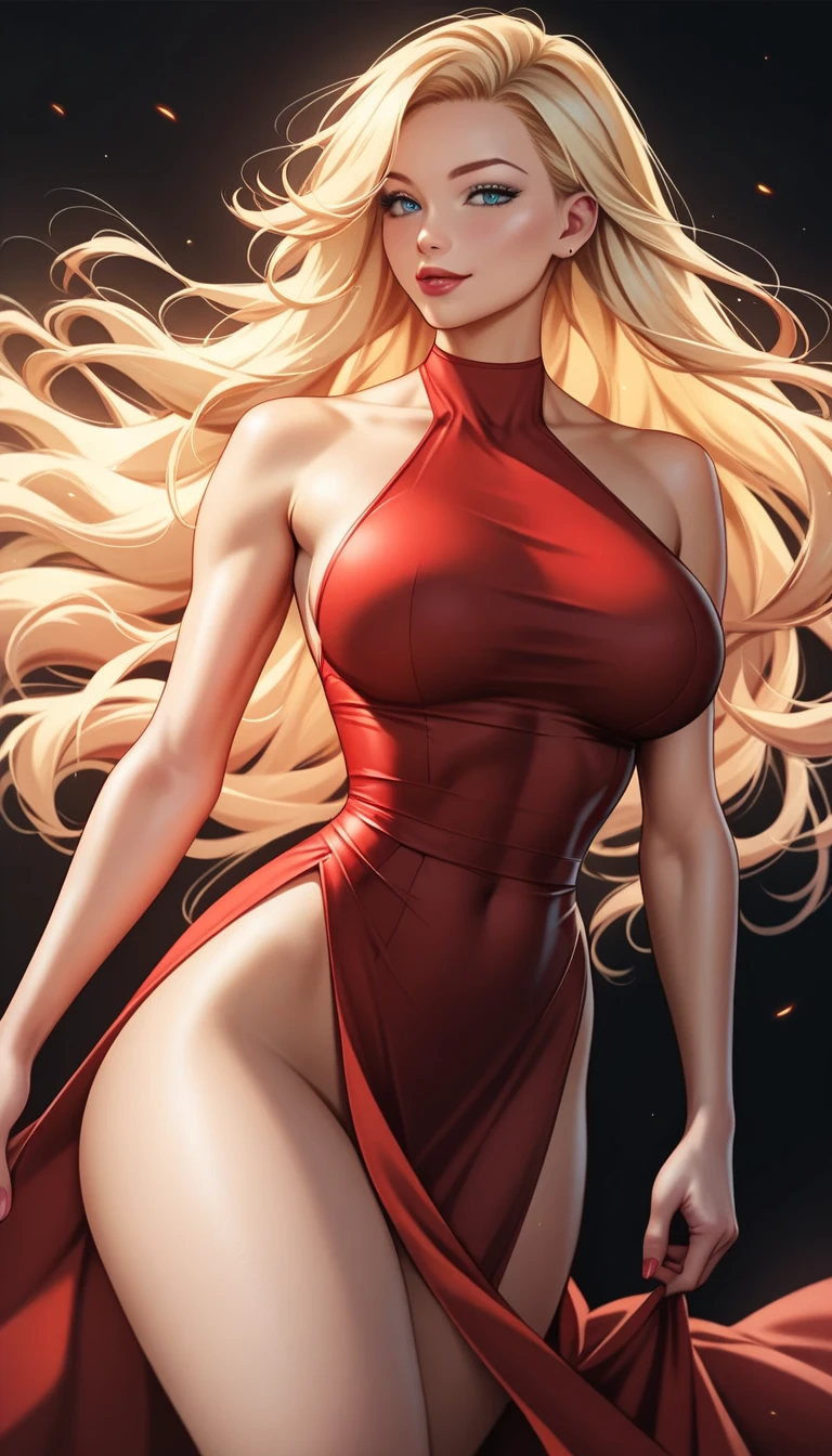 (masterpiece, Best quality, ultra detailed:1.2), 1 girl, perfect curves, (shimmering galaxy dress:1.1), Long straight blonde hair, braided hair, wrapped in white silk, (red background:1.2), riding a wolf