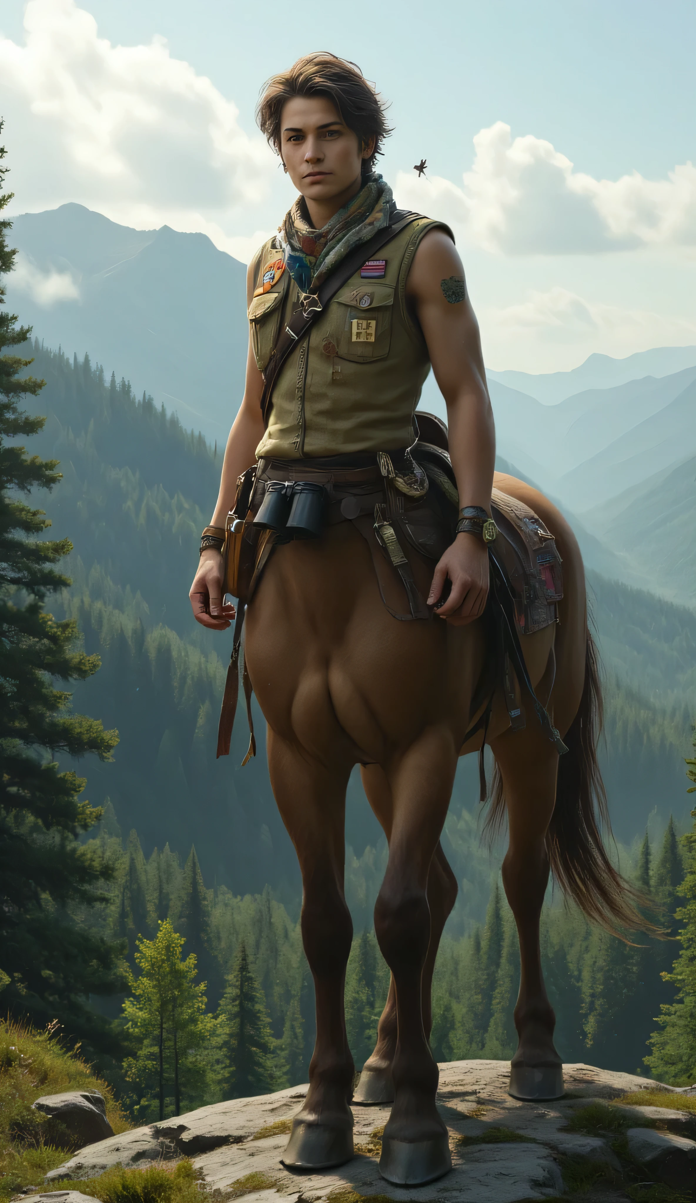 age centaur, scout, standing, at the edge of a forested cliff, overlooking a vast valley below during early morning light, human torso is dressed in practical rugged scout gear, a sleeveless vest with badges, satchel full of maps, binoculars, compass strapped to his belt, horse half is lean and athletic, few muddy spots from recent travel, scarf tied around one leg, hair is windswept, confident curious expression, small magical companion hovers nearby, misty trees, distant mountains, early sunlight cutting through the clouds, cinematic, adventure fantasy, natural color palette, highly detailed and youthful