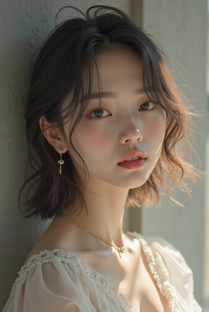 Generate a realistic front photo of a sexy medium brown haired Korean girl