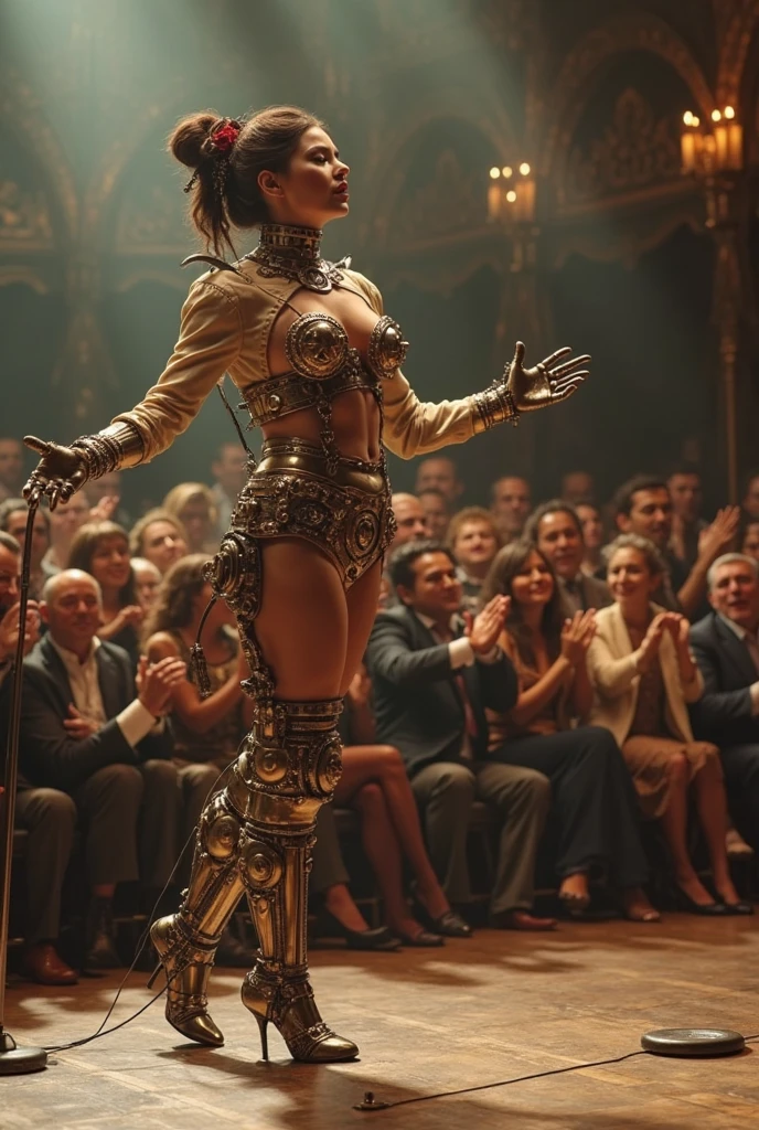 A steampunk circus performer dazzles the audience with her Leonardo AI-assisted acrobatics and fire-breathing, while wearing a corset and goggles. large breast