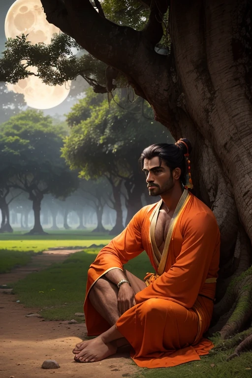 drawing, ultra realistic, 8k, extremely detailed, high quality, natural light image, sunlight earth, ultra realistic image, Realistic texture, extremely detailed, high quality, male, young 20s, (perfect skin, detailed, hyperrealistic, pores high quality) (Realistic goatee, well defined) (Man in white robe, orange, Tibetan monk style), eyes closed, peaceful facial expression, meditating deeply under a tree line, in the surroundings a colorful forest, mountains, sun rays penetrating the forest, Rich colors hyper realistic texture, forest, daytime, natural light, frontal image