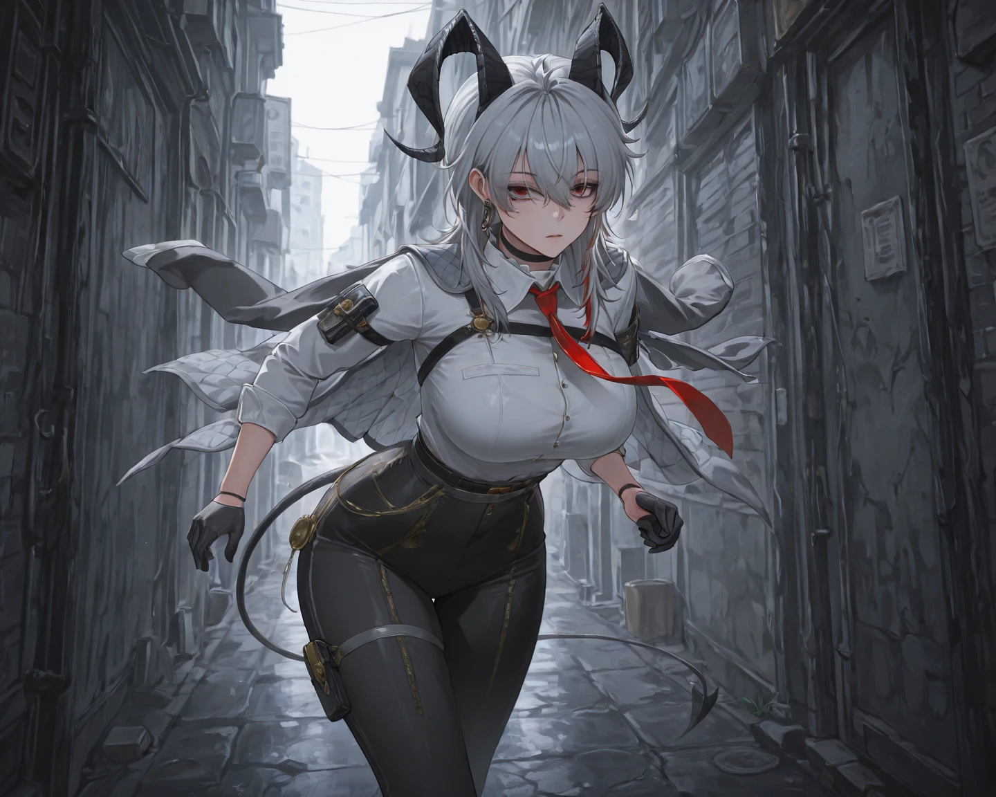 (Fox Girl, Fox Ears, Silver Hair, Fox Makeup, One Girl, Long Hair, Alone on the screen, dark skin, High definition, high resolution:1.6), (maid apron, Black and white clothes, skirt, Mechanical suit for legs:1.8), (Body measurements are 75-60-75!, Young girl body, Small , skirt hold, slender, muscle:1.9), Avatar, face, 色っぽいface, Dominanesentation, naughty face, Uplifting, Skin Texture, outside, ruins, Ruined City, Broken Building, There are no people