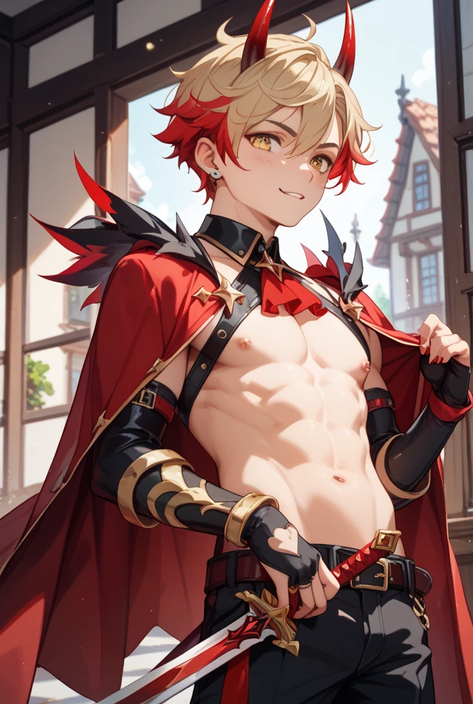 Young guy, short orange hair, cat ears, blue eyes, open torso, Battle mantle, Smile, Masterpiece, hiquality