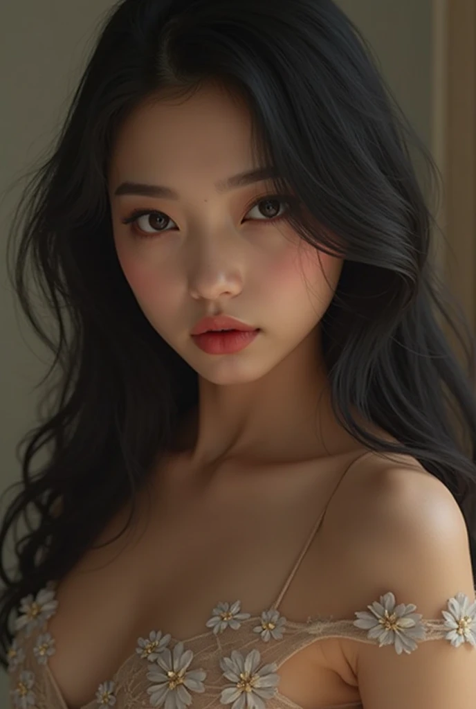 Korean Fitness Woman Model, but with a bulky body, um sexy, uma MILF, erotic pose, sexy dominant pose. The shape of your rose is oval, with slightly full cheeks and a smooth, well-defined jawline, without sharp angles. The skin is smooth, with a light tone with an even and slightly peachy tone. seducing gaze, eyes large, almond shaped, with a dark color. The eyelashes are long and well curved, a gothic makeup, a strong black eyeliner, thick eyeliner and big lashes. Well defined eyebrows, ligeiramente arqueadas, With medium thickness. The nose is small and straight and delicate, with a smooth bridge and small nostrils. full lips, bem definidos, voluminous well-defined contour, fleshy lips, lipstick is red. The hair is long and straight, dark brown in color, that fall over the model's left shoulder. Hair has a healthy shine, suggesting volume and softness. She has a voluminous body, hourglass-body, very sexy, has a beautiful body, Obscene and bold, body awarded for its beauty. She has perfect anatomy, breasts big, silicone breasts, Erect nipples, (Breasts huge), an hourglass silhouette, with a well-defined thin waist, big breasts, a full and lifted bust, is slightly muscular, flat and toned abdomen. big and wide hips, big-ass, buttocks are rounded and firm, The legs are long and shapely, firm, muscular thighs, calves and ankles. Photo has a high degree of detail, incredible detail, Intricate, Perfect focus, incredible sharpness, photo hyper realistic, ultra detaild, . 16k resolution, ultra HD, high qualiy, realisitic, retina, artistic, precise, anatomically correcte, texturized skin, high détail, awardwinning, cinematic lighting, hdr smooth, sharp focus, Canon EOS R5, 35mm, Close-Up Composition, Background, Indoor studio setting, PhotographyStyle "lo fashion, editorial, magazine style" ArtisticEffect "photorrealistic, Obra-pri