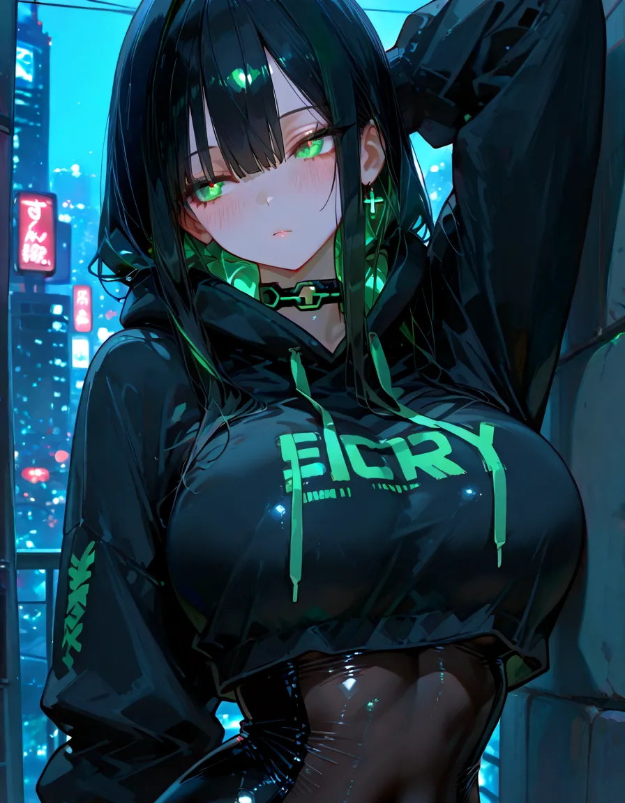 score_9, score_8_up, score_7_up, 1girl, punk, goth, black hair with green highlights, cat eye makeup, black lipstick, medium perky breasts, facial piercings, anime style