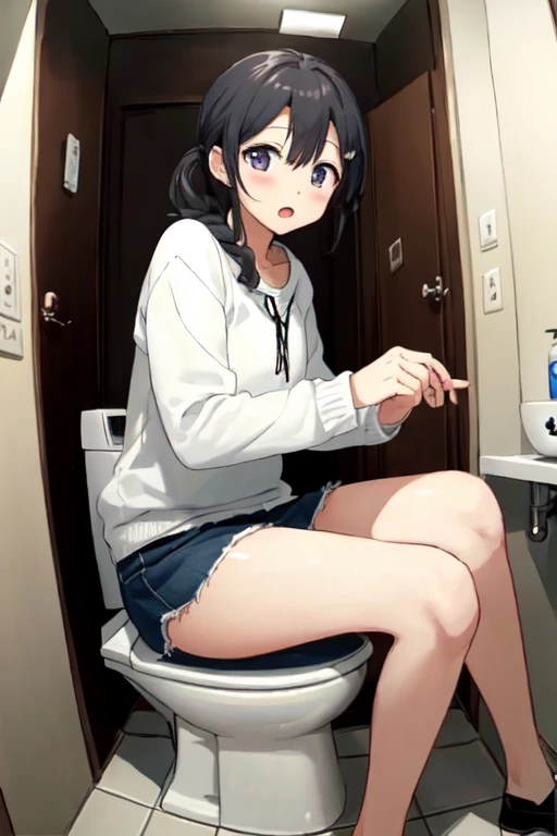 Highest quality、Ultra-high resolution、Fantasy、roleplaying game、Naked busty girl with no clothes on posing embarrassedly on stone floor、Inside the toilet