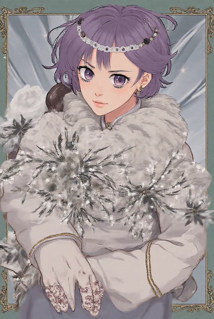 1girl, purple hair, short hair, bangs, eyes covered, tired, sad, depressed, emotionless, cold, purple clothes, castle, pale skin