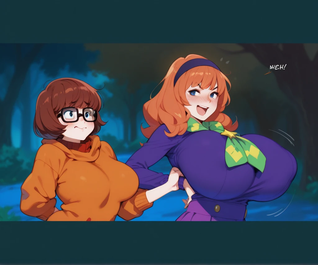 source_anime, best quality, clear face, velma dinkley from scooby doo, Brown hair, Brown eyes, short hair, large breasts, perfect body, looking at viewer, smile, sexy scooby doo clothes, Red mini skirt, Orange sweater, orange stockings, in the park at night, solo cowgirl position, perspective shot, Show full body big ass, looking back, open panties