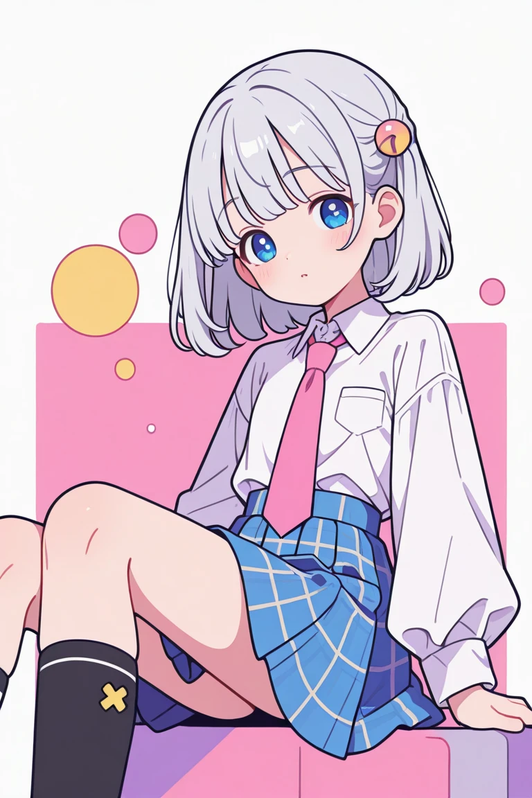 pink hair、medium bob、blue eyes、high school girl、pink sweater、blue check skirt、Blue check ribbon、high socks、white background