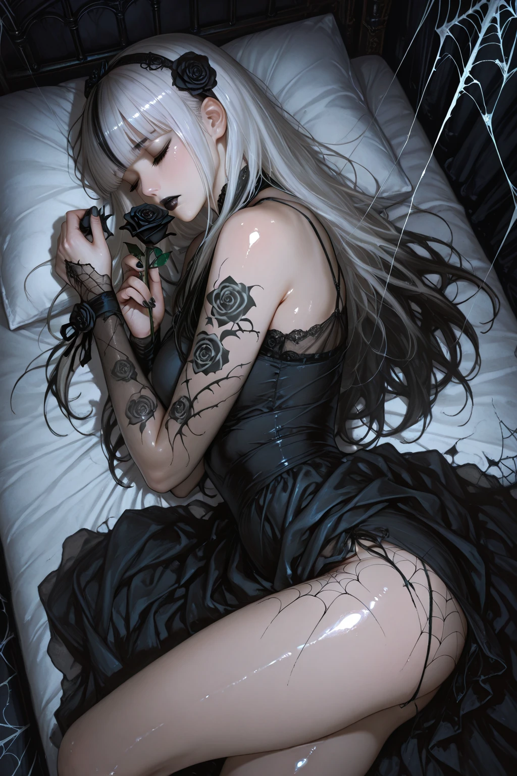 Sleeping Beauty, (((Rough coal skretch: Ana de Armas, lowers, leaves, mandalas, fractal, beautiful woman sleeping, garden with mirror, girl sleeping on bed and sheets, old clock and lamp on table, full body, black hair, Transparent clothing,open legs, view of pubic hair, long dress, silver ornaments, exposed breasts, open transparent t-shirt,mandala and flower tattoos, llustratiom )))