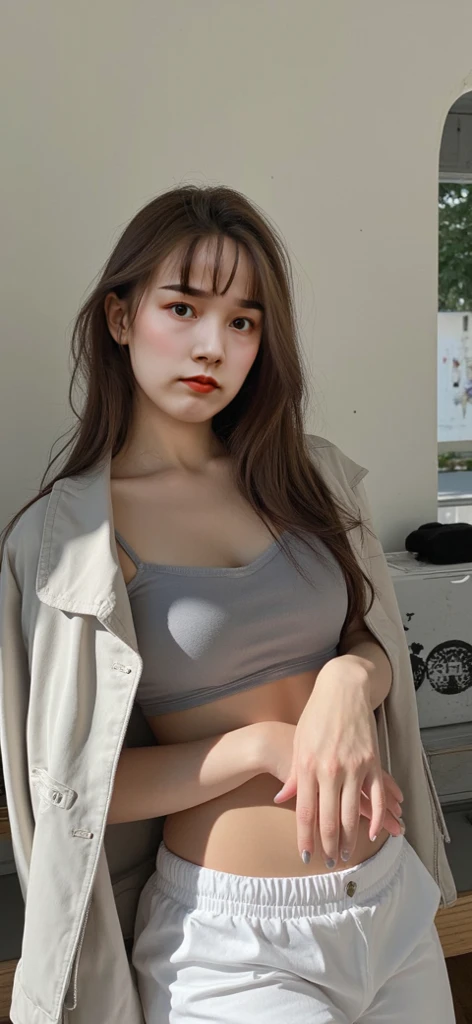 A beautiful girl., alone, Model, long hair, put on makeup, Chapped lips, big , tits, out, pussy out, rift, tank top, additional jacket, open clothes, (look at viewer), standing against the wall, indoor, thigh, soft light, Film texture, upper body, epiCPhoto, (best quality:1.2), (Masterpiece),((very detailed)),