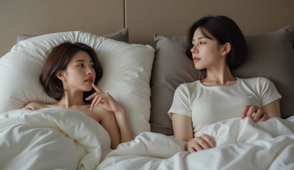 ((Night, Real Light, Top Quality, 8k, Masterpiece: 1.3)), Normal Body Shape: 1.4, (Brown Hair, Colossal: 1.8), 、Beautiful woman relaxing indoors with hands on her feet in light clothes, looking at viewer