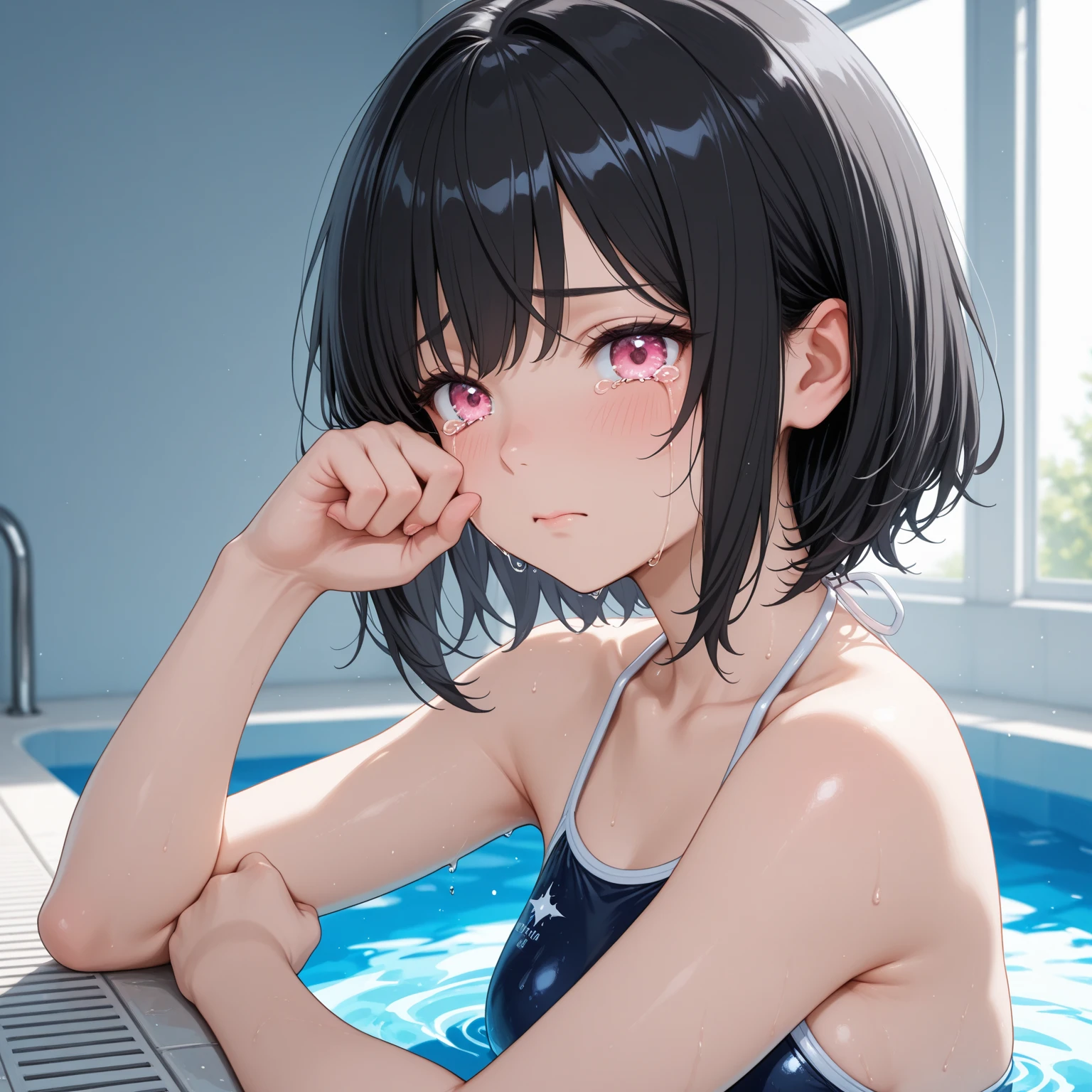 just out of the bath、White bottle、drink、smile、Black Hair、Bobcut、White Shirt、Wet hair、