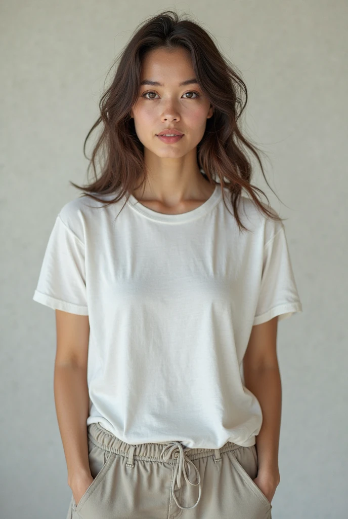 beautiful colombian woman,  standing straight facing forward,with white t-shirt, denim jeans pants, on a greyish background, cotton t-shirt texture, fitted t-shirt, round neck, striped tights. Medium camera shot.