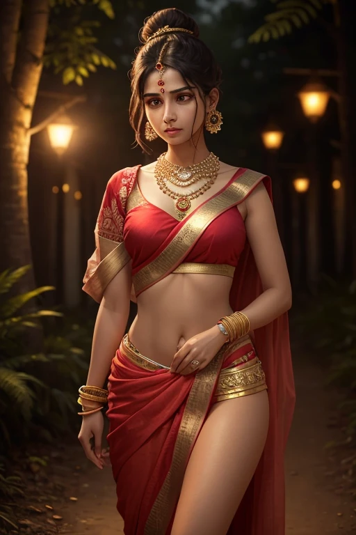 **Goddess of Fire**
- **Appearance:** A strikingly beautiful woman with an intense gaze, adorned in a highly contrasted outfit of deep reds and oranges, symbolizing flames. Her makeup is bold, with fiery eyeshadow and ruby-red lips.
- **Details:** Her hair is long, streaked with shades of red, gold, and auburn, resembling dancing flames. The play of light and shade emphasizes her fiery nature, with sparkling sunlight casting a golden glow on her intricate outfit.she is wearing Brocade saree with rich red and gold tones. Brocade symbolizes luxury and elegance, often featuring intricate patterns that can resemble flames. The red and gold colors reflect the intensity and warmth of fire.
- **Composition:** The background is a vibrant palette of reds and yellows, with a hint of blue to contrast. The entire composition captures the dynamic energy of fire, with sharp focus on her detailed face and body.