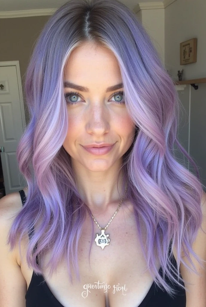 Light-haired girl, lilac eyes, hair below the shoulders and wavy, with a light blue sweatshirt