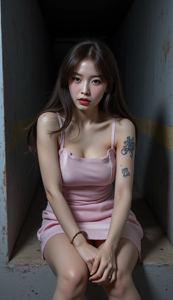 tattooed full body, fine and delicate woman, photo portrait, realistic, pink eyes, long eyelashes, almond-shaped eyes, red lips, punk rap style, seductive neckline, pink cotton blouse. intricate details, vivid details, detailed skin, detailed body, vivid colors, bokeh, long pink hair, colorful hair, listening to music, dj, cute figure. sitting thinking, thoughtful, sitting leaning on a wall. Listen Music.