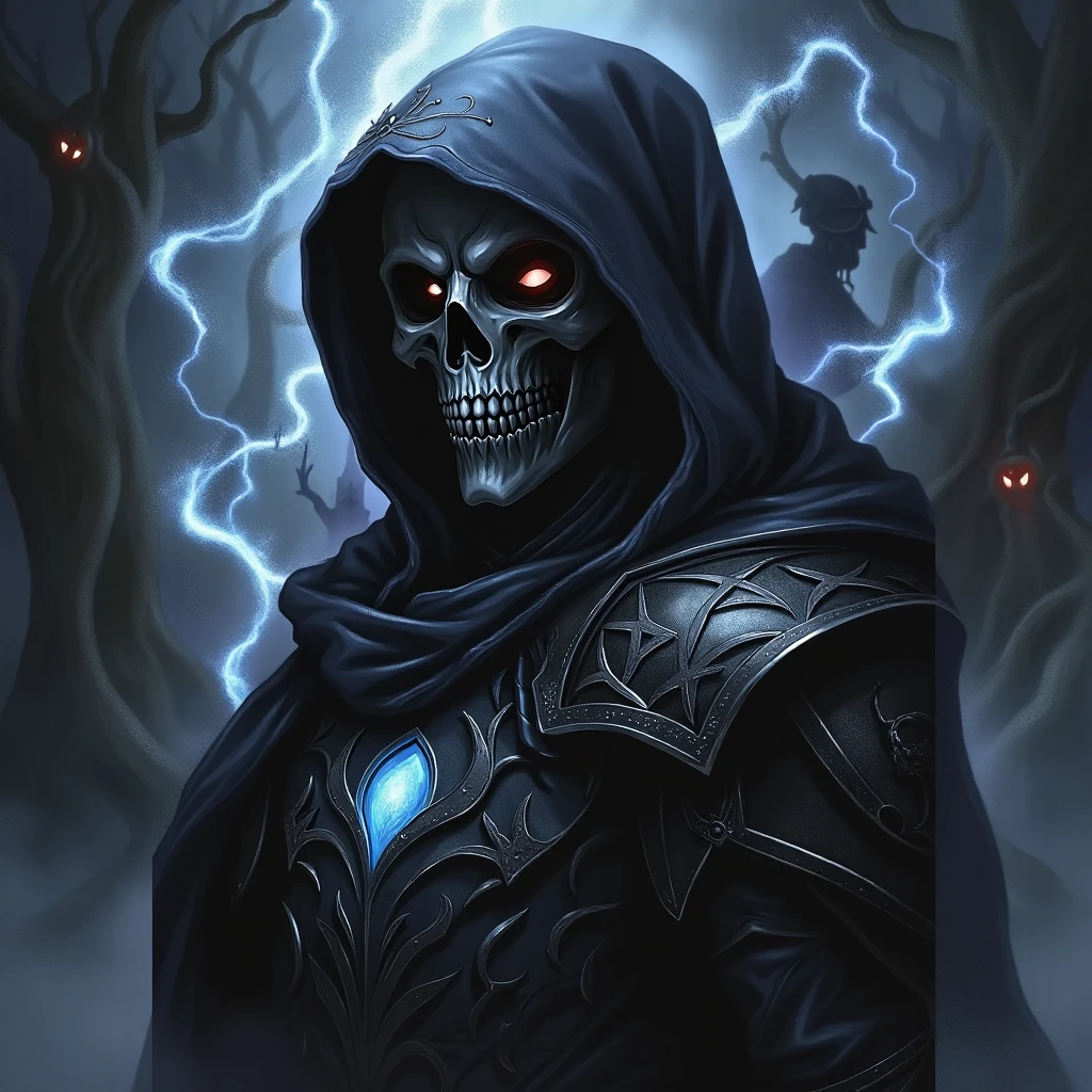 (8k unit wallpaper CG extremely detailed, masterpiece, best quality, ultra-detailed), (((solo))), ((extremely wide shot:1.15)), a dark being with skull face, with a magic amulet on his chest, holding a staff, in his lair, colorful, (dynamic pose), ((upper body:1.15)), (high detail), (intricate details), colorful, intricate, dark scene medieval, medieval, intense environment, Sinister, dark, evil, detailed environment, incredible high detail, ((matte painting)), highly detailed environment, illustrator, (masterpiece).