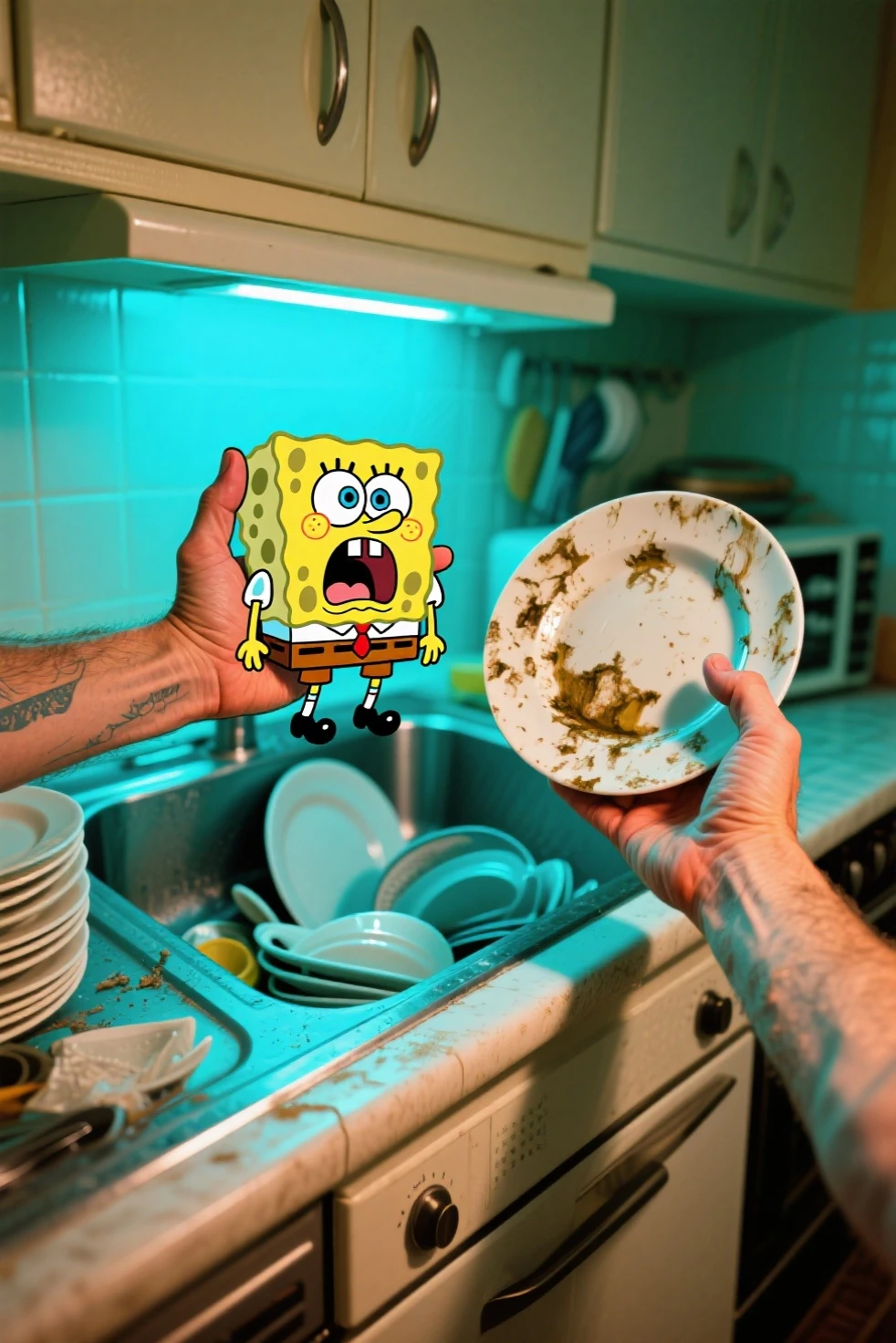 A scene of a drawn cartoon character inside a real photorealistic world. A photorealistic human hand holding the 2D cartoon spongebob in one hand and a dirty dish in another hand in the kitchen sink full of dirty dishes of a real-life photorealistic world. Spongebob screams terrified, looking and facing at the other hand, 