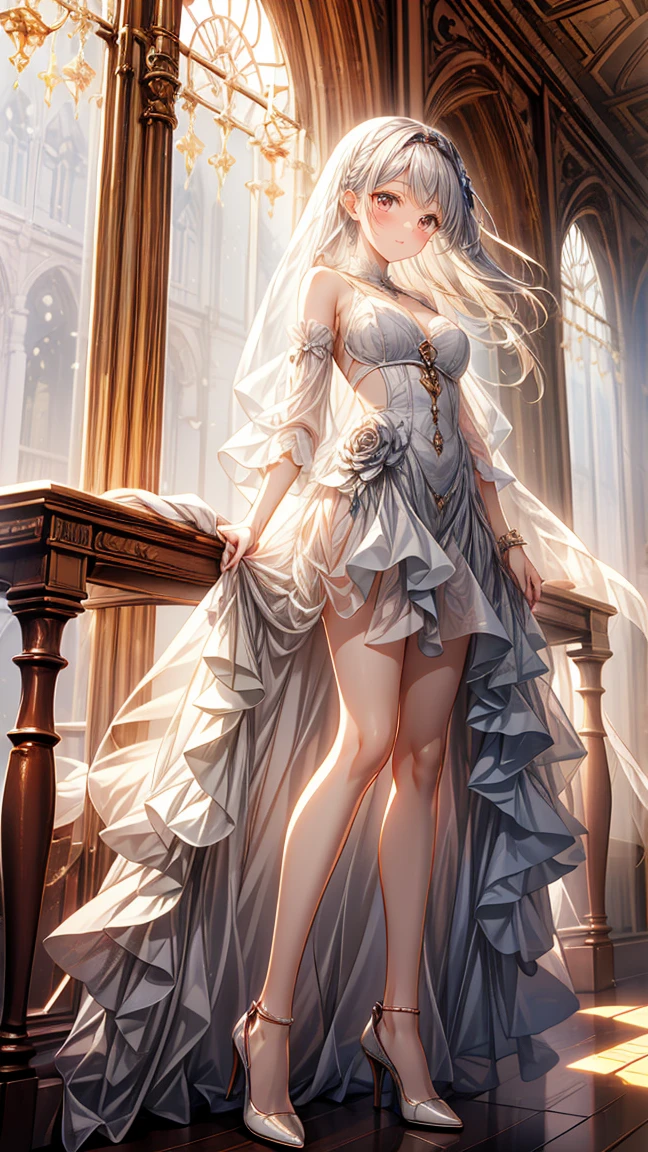 Beautiful young princess with platinum blonde hair and blue eyes, She is wearing a beautiful long white ornate dress.、Attractive Young Woman, (Beautiful Face:1.1), Detailed eyes, Seductive lips, (eye make up:1.2), (Medium chest:1.0), (Toned body:1.2), Sexy proportions、Narrow waist、A luxurious palace、Luxury carpet、Stiletto heels、Stairs leading to the throne、look back