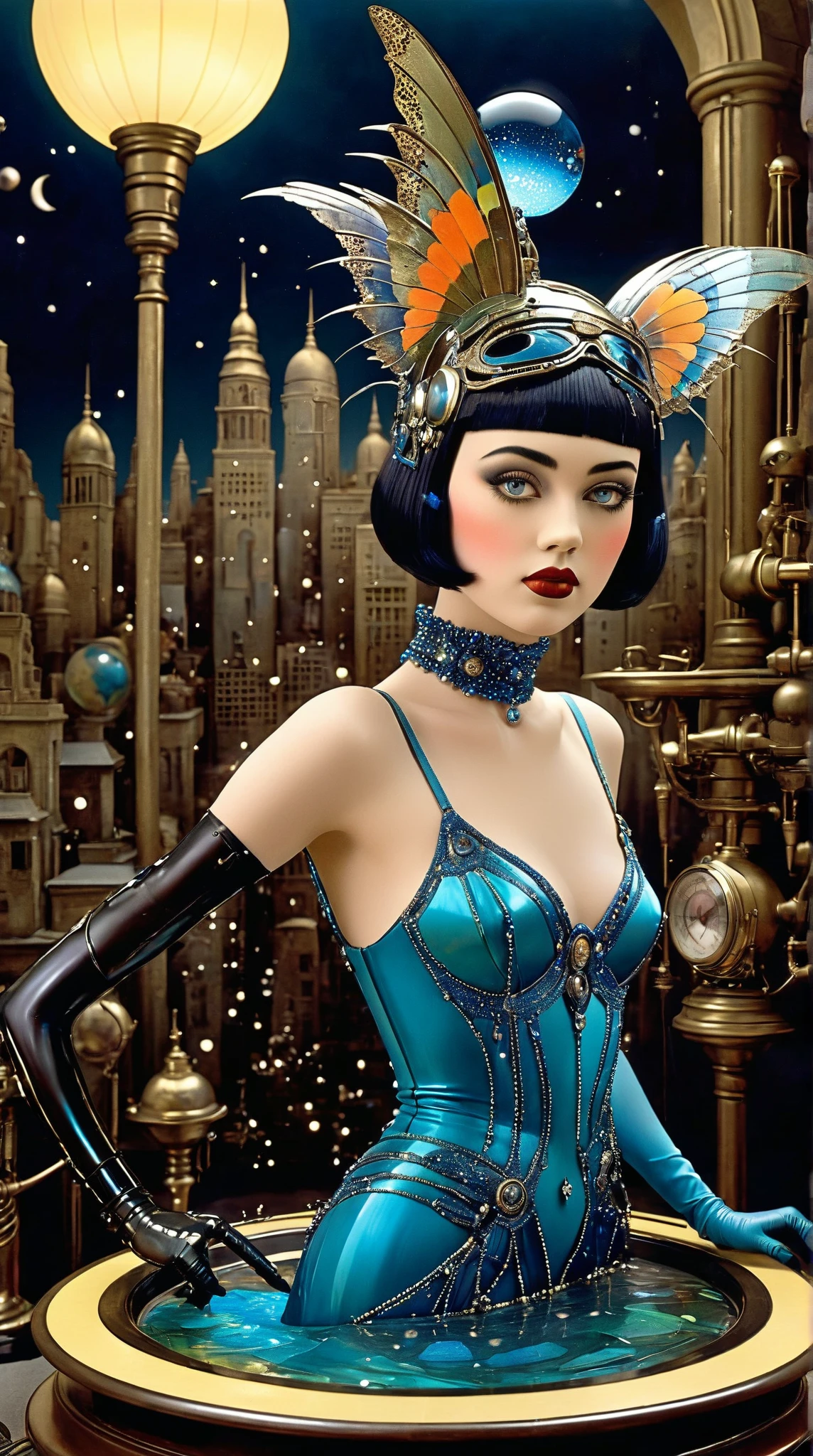 <lora:epi_noiseoffset-v2:1> <lora:style-1970retrofuturism:0.5> <lora:faye_valentine-v3:1> <lora:add_detail:0.4> <lora:3dmm-v1.2:0.4> (symmetrical background, circular window:1.45), (masterpiece, best quality, highest quality, 8k, ultra highres, absurdres, highres, photorealistic, chiaroscuro:1.4), 1979retrofuturism, 3dmm style, spheres, beautiful faye valentine, dark brown eyes, purple hair, yellow hairband, yellow crop top, yellow short shorts with black suspenders, (sexy attire:1.2), bare midriff, (black thighhighs, lace trim:1.2), looking at viewer, teal colored furniture, faye valentine sitting across the table near a (perfectly circular:1.4) window of a cafe, (cup of coffee:1.2), (exotic alien planet landscape can be seen through the window:1.2), (giant mushroom forest:1.1), (exotic flowers:1.1)