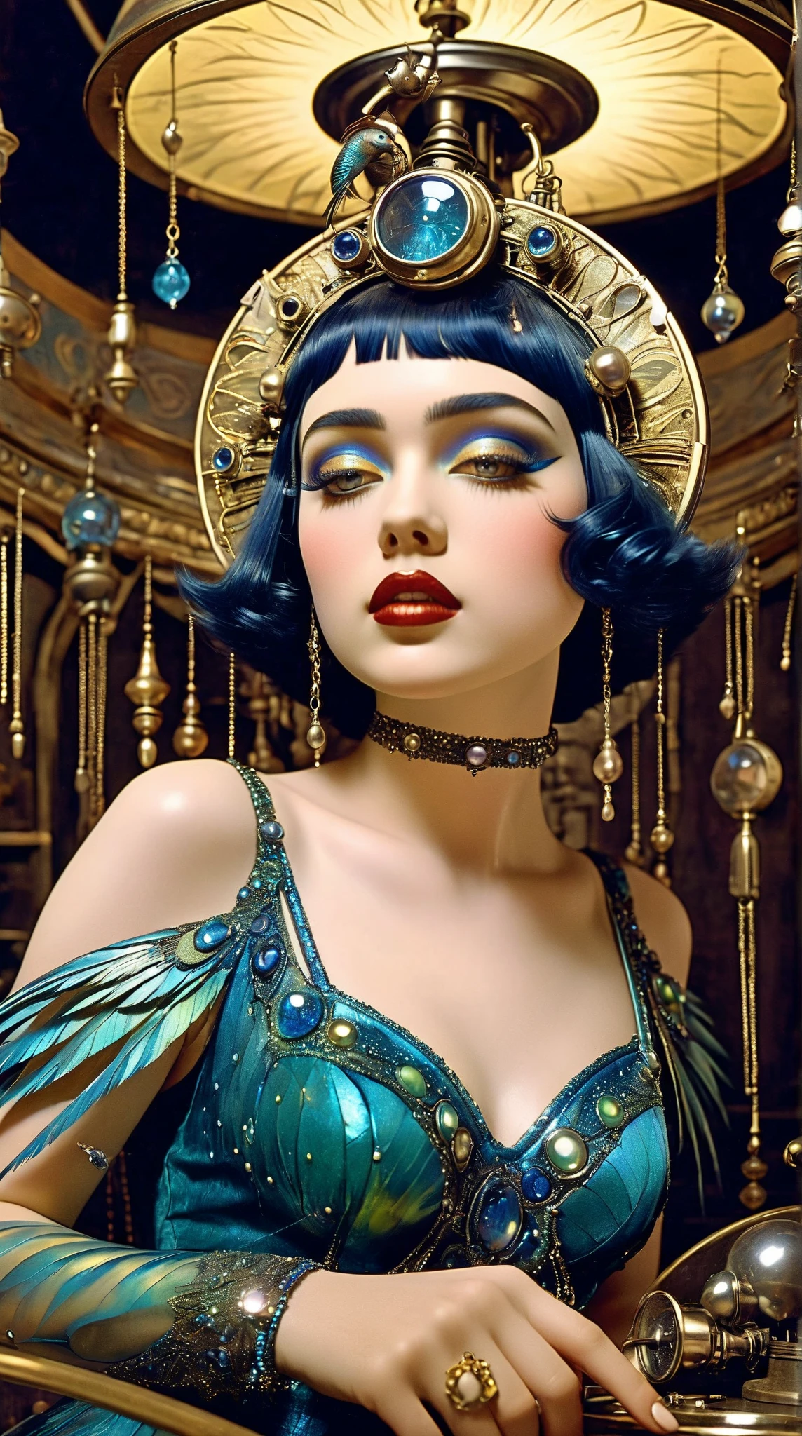 beautiful female warrior, short blue hair, shimmering jewels armor, in the style of Alfons Mucha, with emphasis on light play and the transparency of the glass, High and short depth of field, Ray tracing, FHD, hyper quality --ar 9:16 --s 1000 --v 6.0