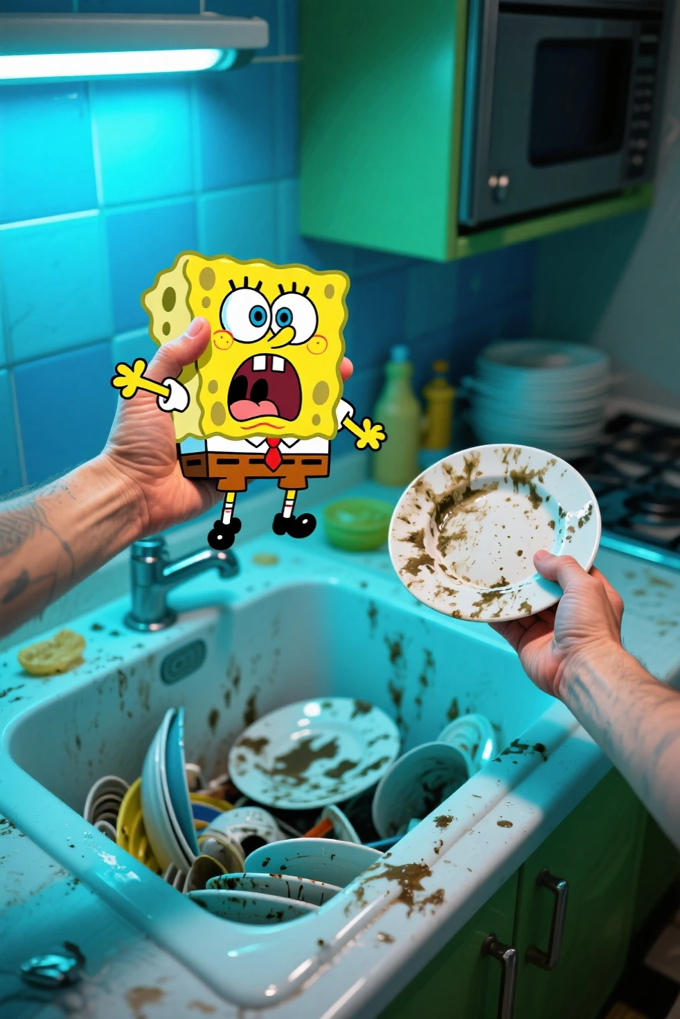 A scene of a drawn cartoon character inside a real photorealistic world. A photorealistic human hand holding the 2D cartoon spongebob in one hand and a dirty dish in another hand in the kitchen sink full of dirty dishes of a real-life photorealistic world. Spongebob screams terrified, looking and facing at the other hand,