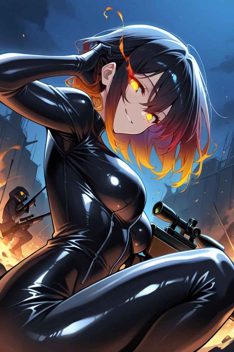 Masterpiece, Best Quality, Highly detailed, illustration, absurdres, street fighter, doll suit, shadaloo doll, dollsuit, girls, multiple girls, expressionless, blank eyes, looking at viewer, red gloves, emotionless, black latex, corrution, mind control, female combatant, full body, hypnotized, unhappy trance, full body suit, ribbed bodysuit, both arms at side, stand up straight, obey, perfect female body, extremely glossy latex, hypnosis, hypnoLora, empty eyes, Mind control device, oses, submissive_pose, Slave, hat, necktie, stand up straight, standing, standing at attention, Slave, hat, necktie, belt, extending the right arm from the shoulder into the air with a straightened hand, nazi saluting, military, military saluting, salute, latex, rubber woman costume, qin liangyu, fate/grand order, black hair, green hair, taimanin suit