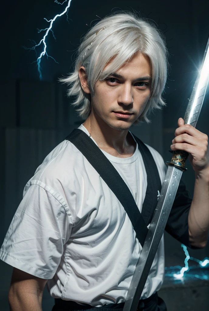 Satoru gojo, Gojo Satoru, White hair, destruction, smoke, blue lightning, extremely Light blue eyes, handsome, sinisterly smiling.