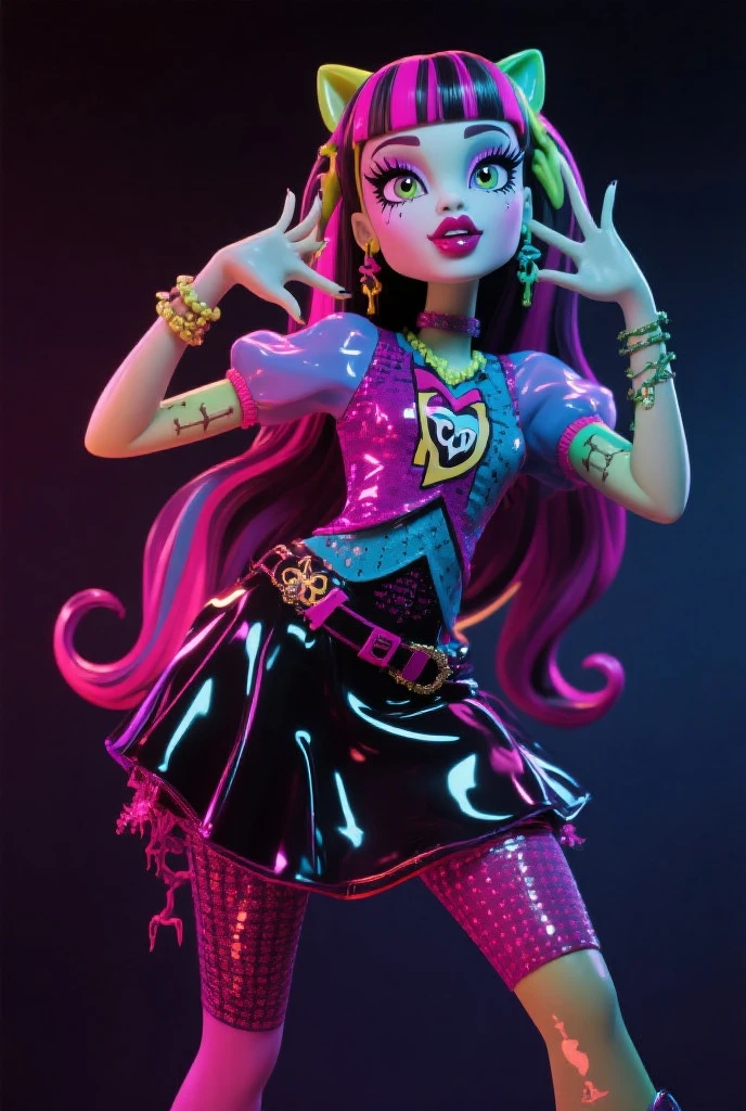 cute anime (zombie girl) with (dark purple straight hair), freckles, (((blue skin))), (((pink eyes))). Singing in a karaoke. Full body shot.
