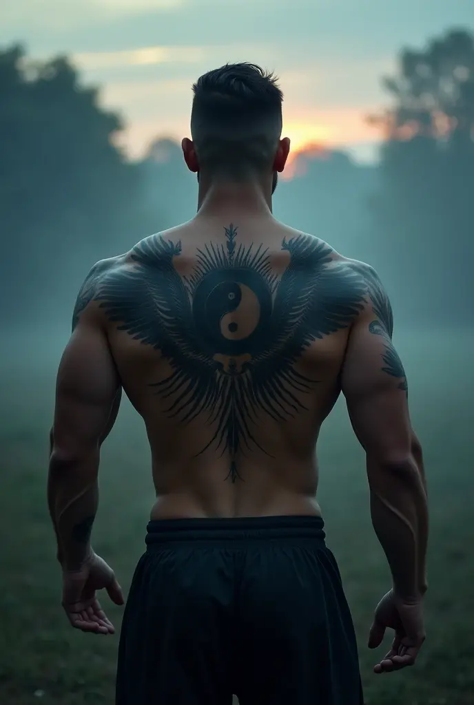 Strong man with his back turned, showing a yin yang tattoo with wings on his back, extending towards his shoulder.