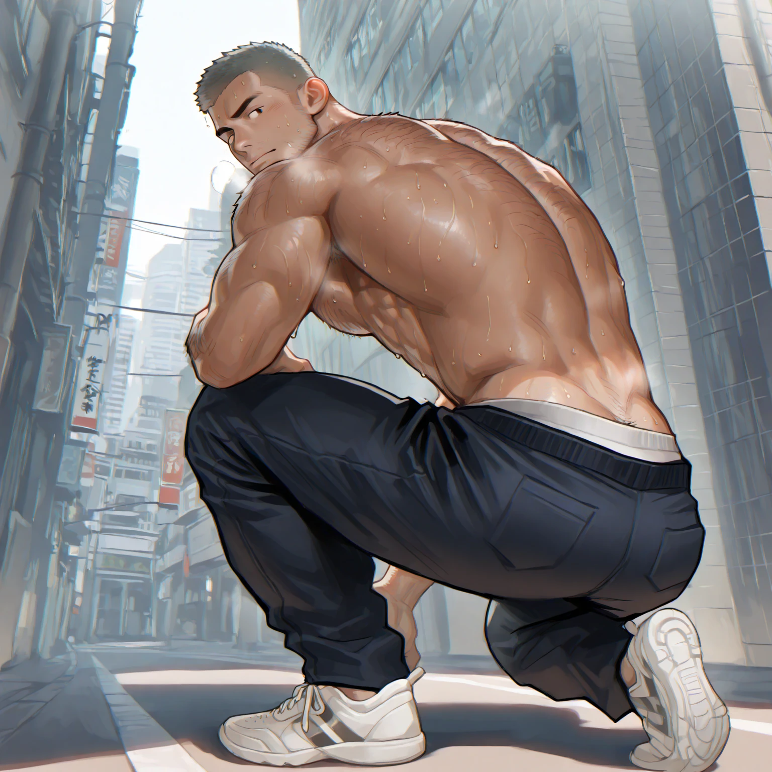 Young man, short blond hair, handsome face, tired expression, green eyes, large muscles, hyper pectoral, thick thigh, large butt. He's wearing a low-cut tank top, black pants, a backwards hat, and a silver chain around his neck, Big bulge. Scenery, party at night.