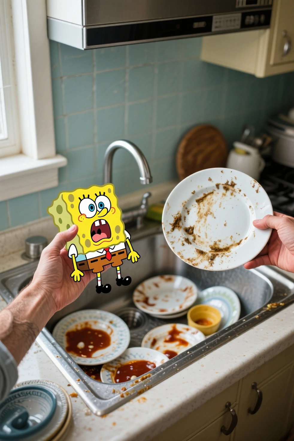A scene of a drawn cartoon character inside a real photorealistic world. A photorealistic human hand holding the 2D cartoon spongebob in one hand and a dirty dish in another hand in the kitchen sink full of dirty dishes of a real-life photorealistic world. Spongebob screams terrified, looking and facing at the other hand, 