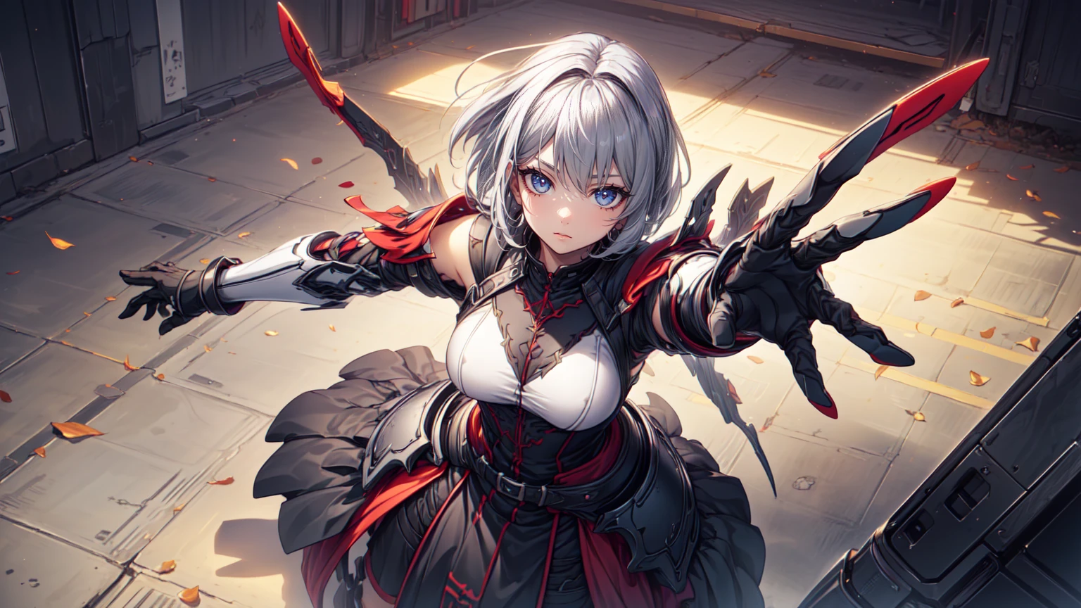 Beautiful female, 1girl, 17 years old, teenager, golden lining, short white hair, sharp eyes, dark black eyes, devil may cry, close up, calm expression, stoic, black leather clothes, black gloves, blue linings, crossed arms, upper body, looking at viewer, cowboy shot, black dragon background