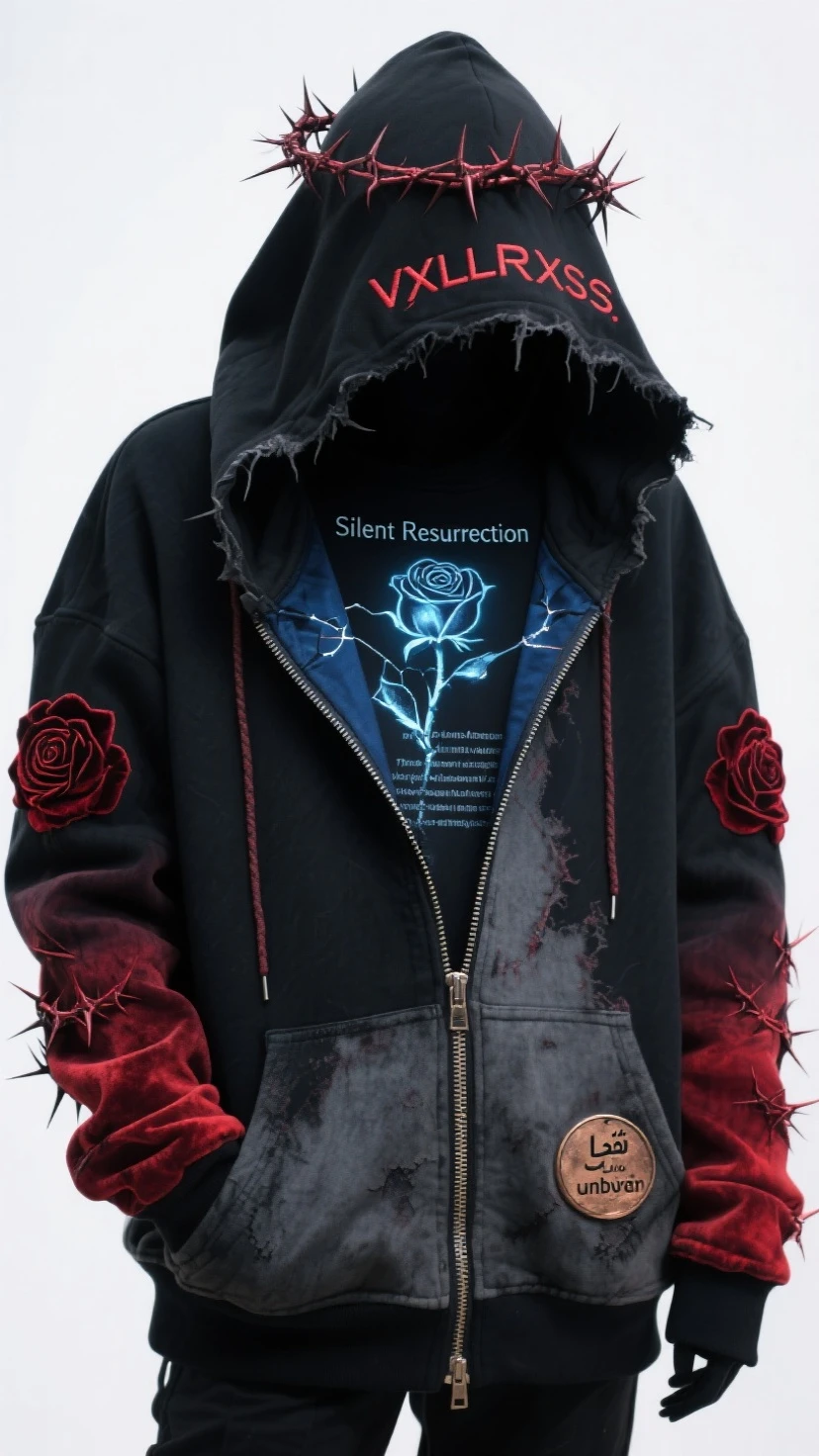 A black-haired, blue-eyed, tattooed man wearing a black hoodie turns his back on the city at sunset.