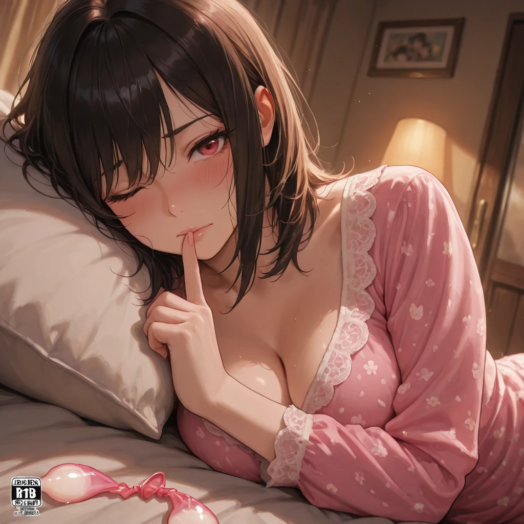 (masterpiece, extremely detailed 8k CG, sharp line:1.1), Mai Sakurajima, official art, colorful, beautiful japanese anime style big eyes, one pretty woman, light brown hair, (detailed white thin lace sheer mini bra, detailed red thin lace sheer mini t-back panties:1.2), dark brown eyes, cute, sexy, down blouse, (from above, pov:1.3), crouch on bed:1.2, lean forward on boy, face focus, mouth open wide, (cum in mouth, cum on breast:1.4), sperm on face, Sexual arousal, nose blush, nipple erect, bukkake, hold a thick invisible clear stick like male genitalia in mouth, wet and see-through, small hard Nipple erection:1.4, Through nipple, looking at viewer, shy, (large breasts), Cleavage, hand gesture holding a thick invisible clear stick like male genitalia in front of the mouth:1.3, (erect nipple shape clearly visible:1.3),