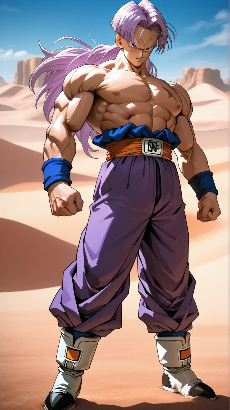 purple hair, muscular male, bear, smile, pants, flipflops,, martial art
