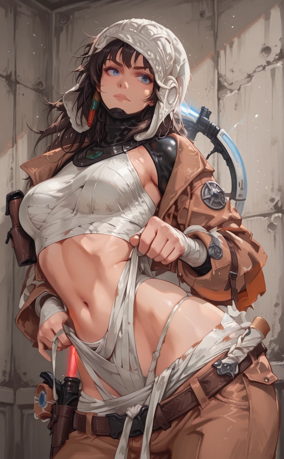 Brunette gamer girl smiling, wearing torn clothing and torn panties, pubic hair , bushy vagina hair