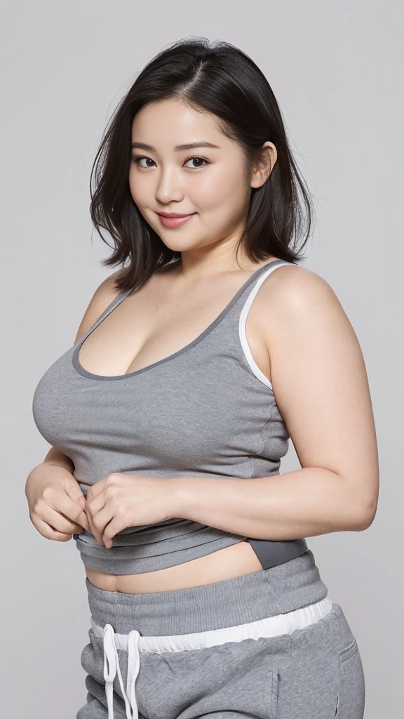 black medium hair,wavy hair,(armpit focus),(close up),saggy and gigantic breasts,(laughing),(sleeveless cotton blouse),28 years old,arm up,(black armpit hair:1.1),thick upper arm,standing in dark back alley,dark offstreet,(curvy body:1.3),(denim short pants),seductive and mature woman,beautiful and adult face,japanese woman,(at dark midnight:1.5),earing,