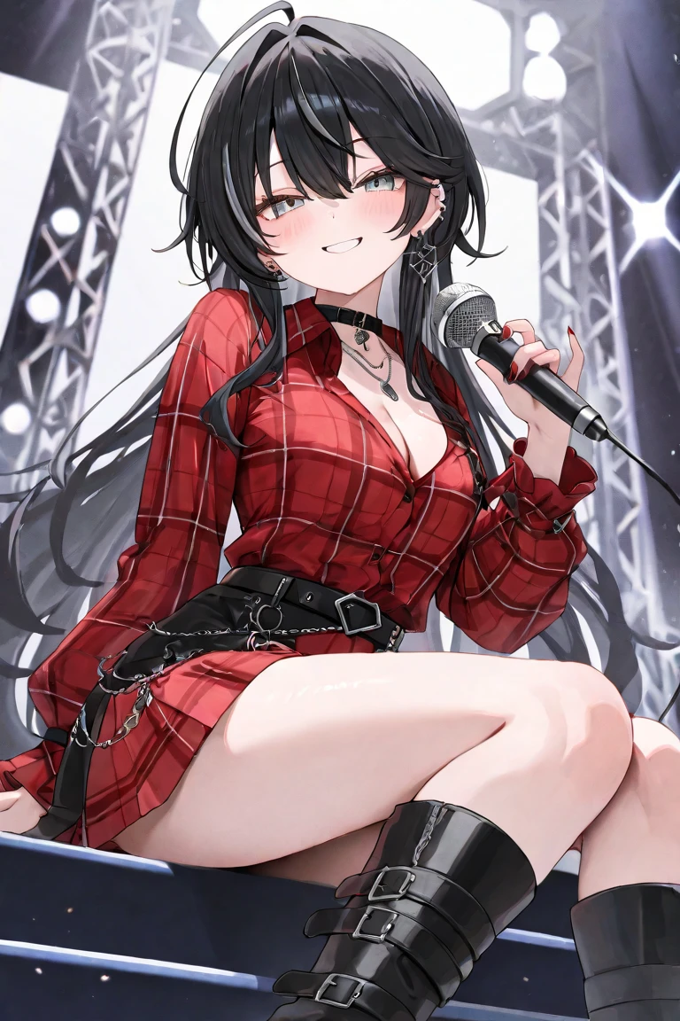 Sitting on a black sofa,looking ahead,from above,handjob,side view,face focus,open mouth,tongue out,cum on tongue,Licking a white dildo,(1girl,Beautiful 14 year old girl),((Slender,Small breasts,Baby Face,Small face,)),looking at viewer,Black Hair,bangs,two side up,Gray Eyes,Drooping eyes,slit pupils,narrow eyes,collarbone,black t-shirt,off-shoulder look,midriff peek,Black and red checkered short skirt,Beautiful and detailed anime art,Mischievous smile,Dimly lit room,Simple Background,Gray background,Low lighting