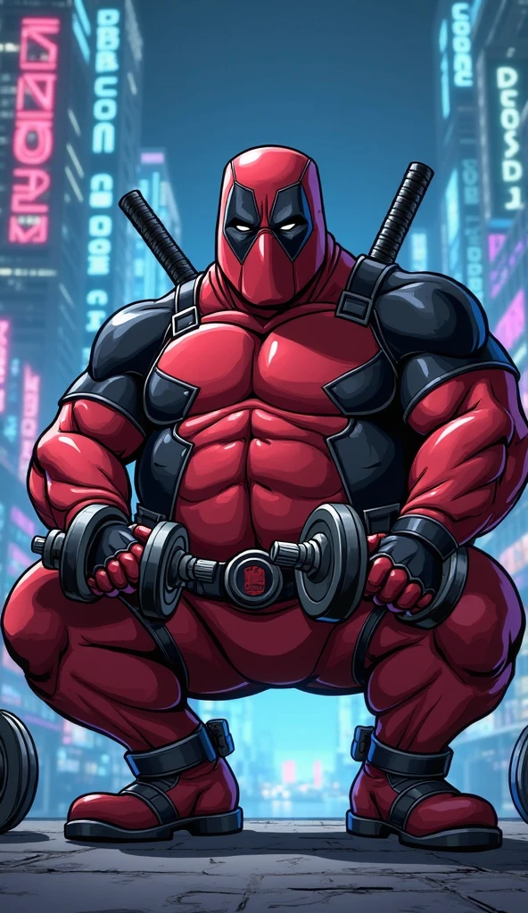 (work of art:1.2), high qualiy, high resolution, Anime-style illustration, very detailed, with vibrant coloring and high contrast. Em uma academia old school, the scene focuses on an impressive bodybuilder who is sitting on the bench press, not lying down. He is in a resting pose after a series of training, with his right hand resting on his thigh and the other lower down, showing off huge shoulders and arms full of veins and well-defined muscles. About the washers mounted on the iron bar, there is a slice of pizza or a can of Coca-Cola, adding a touch of humor to the scene.
No fundo, Lady Pool, a female version of Deadpool, is sensually positioned. She is sitting balanced on the small central space of the bench press bar., partially turned, with the back very visible. Your glutes are prominently highlighted, bigger and sexier, with legs slightly raised and resting on the bar. Your swimsuit highlights your curves in a striking way, with one eye covered by bangs and a subtle smile on his face. The perspective of the image focuses on the bodybuilder in front, but Lady Pool's sensual, accentuated buttocks in the background add a provocative element to the scene.