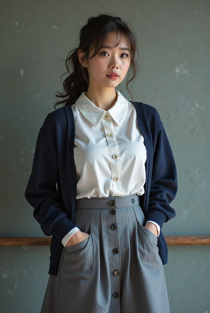 Adult japanese female wearing long-sleeved shirt. She is extremely tiny stature. Her looks like association ball. 1964. Japan, Kashihara. color slide film.