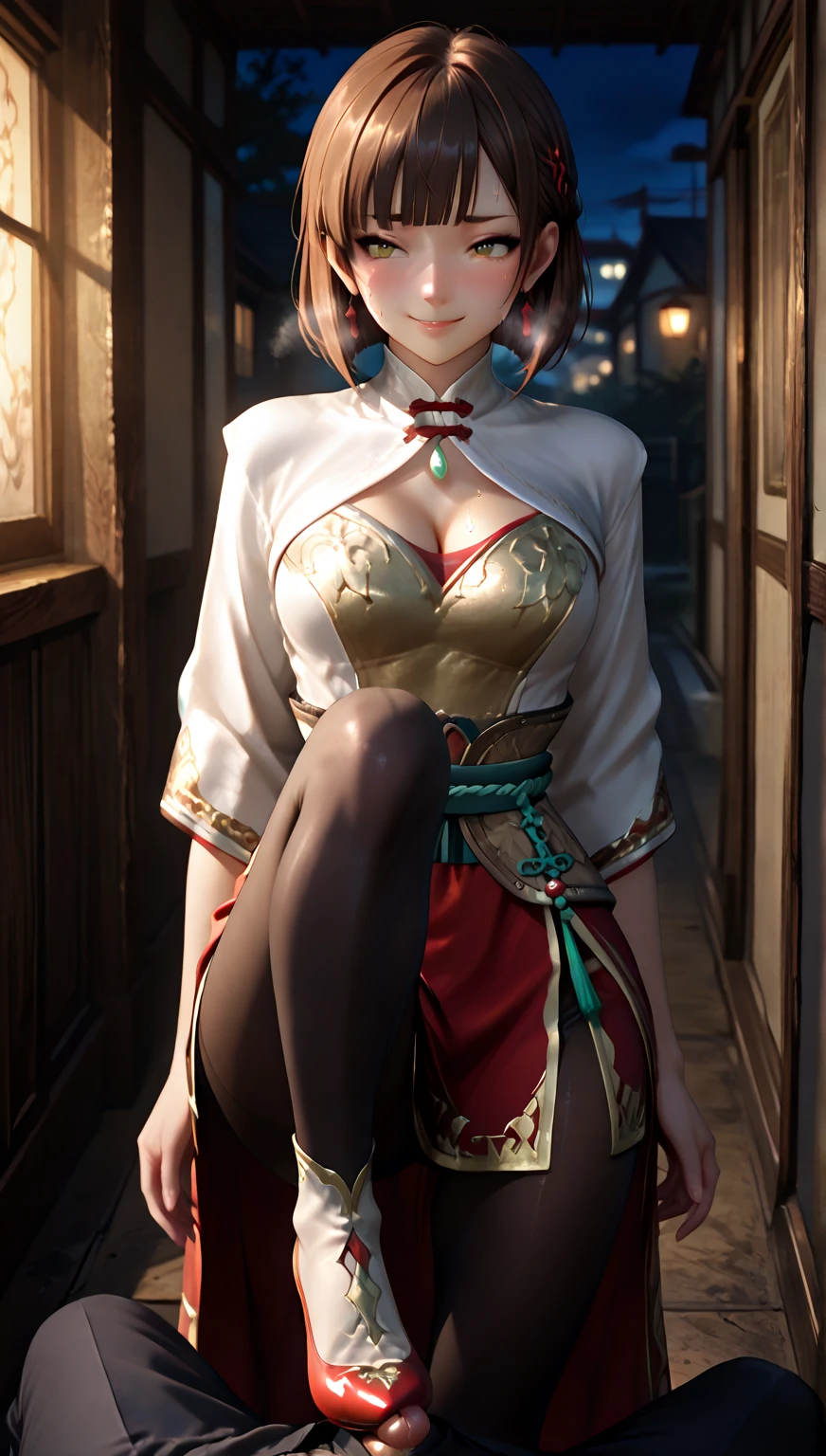 (work of art, best qualityer), 16 year old warrior girl with short white hair, yellow eyes, red skirt, knee high leather boots, black traditional chinese top to mid-abdomen, holding a warrior greatsword, strong slim body, but well proportioned. Ancient Chinese scenery.