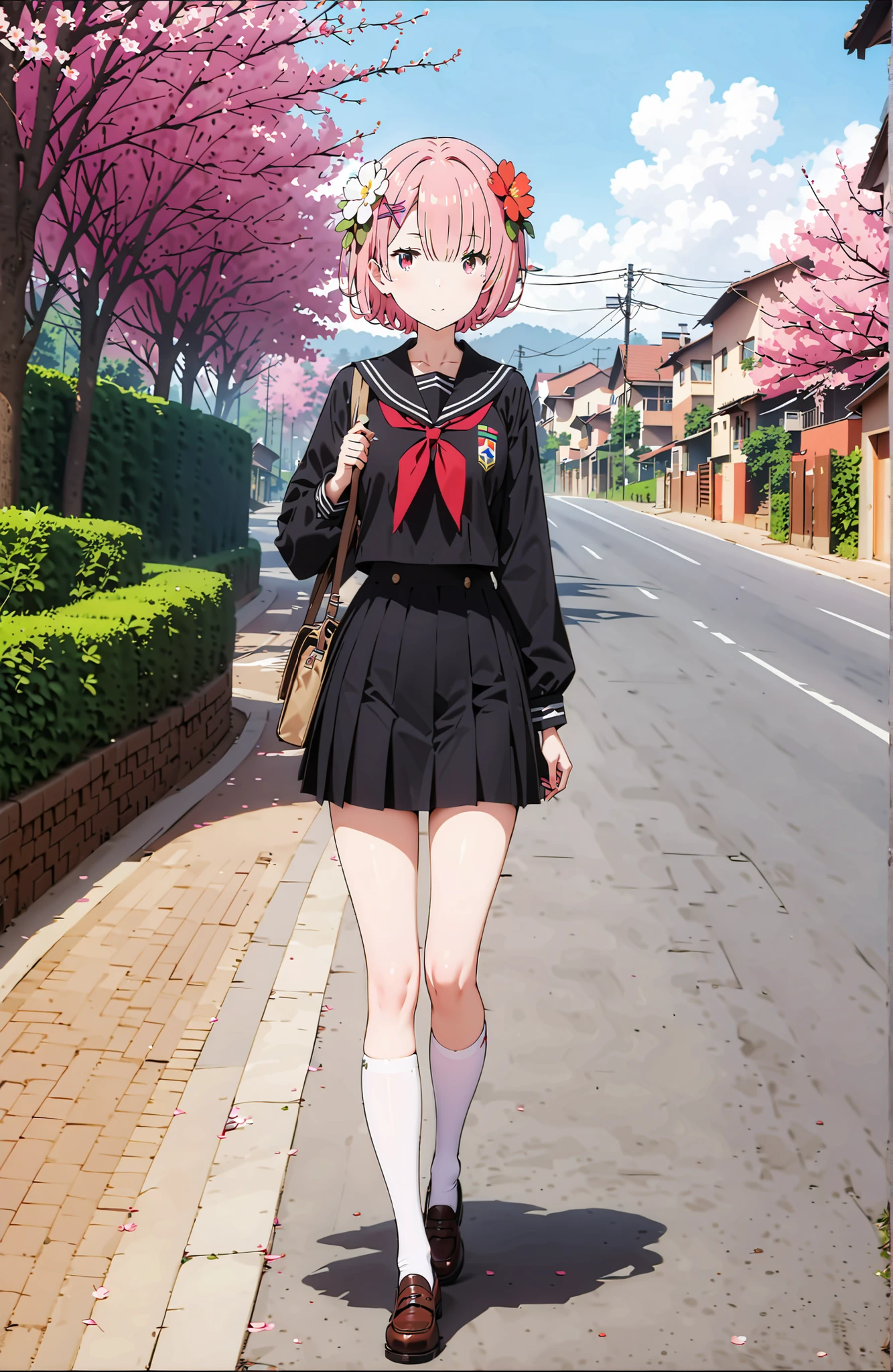 score_9, score_8_up, score_7_up, source_anime,Ram, hair flower, hair ornament, Hair on one eye, pink hair, Red Eyes, short hair, x hair ornament,smile,blush, shut your mouth,Black Sailor Suit,long sleeve, Black Mini Pleated Skirt ,white thigh high socks,loafers,Student bag 1 :1,spring,Cherry Blossoms,walking,,as if the whole body is in the illustration,in their 40s looking at viewer,full body,
in their 40s outdoors,   residential area ,
in their 40s (masterpiece:1.2),Highest Quality ,Kampala,unity 8k 壁紙,(shape:0.8),( fine and beautiful eyes :1.6),It's a person ,full body photo,CG Details , (perfect hand in h,Complete Anatomy),