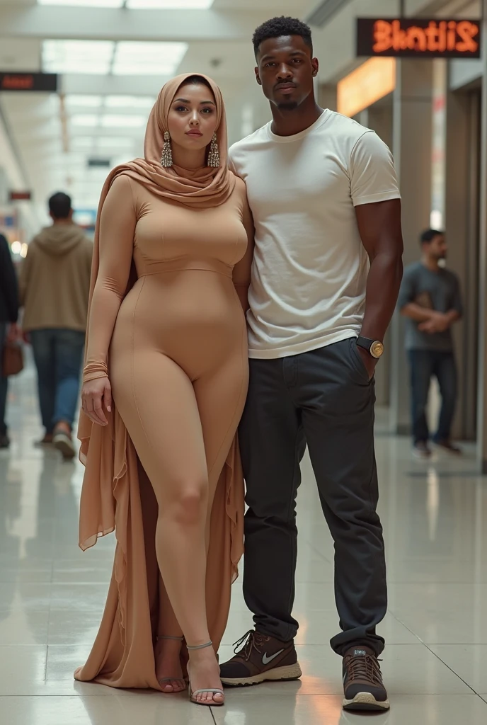 A black man in a suit walks arm in arm with a naked white-skinned plump woman with short brown hair and a hairy pubis, on the beach