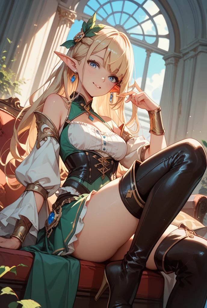 ((masterpiece、Highest quality、Super Fine、High resolution、Genuine、Sharp focus))、Face Light、((Delicate and beautiful))、Female Elf、Deedlit、((Blonde))、((ponytail)),Round face、Sexy appearance、Blue and white armor、in the forest、Black knee-high socks、Fantasy Characters、((Large Breasts)),Sexy Costumes,((Bright Eyes)),Armor that accentuates cleavage,sit,Spread your legs wide,White sexy underwear,Embarrassing,Watery eye