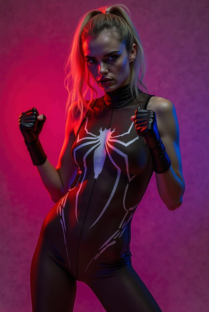 Gorgeous european woman with very short hair, short hair with fringe, wet hair, hair slicked back, combed straight back, slick hair, streaked blonde hair, seductive pose, sabrina carpenter as gwen stacy as spider-gwen, torn ragged spider-gwen costume, cleavage, solid dark grey background with spider web