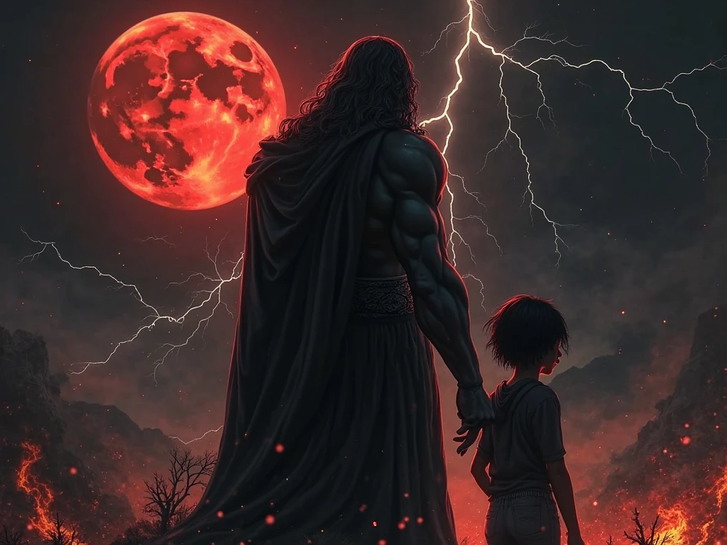 I want a mysterious picture. My book is on an ancient greek civilisation. Black colour theme. Zeus should be standing behind the girl. She has dark hair and a tomboy. I want a dark zeus standing behind her. Also only her back is visible. She ll be surrounded by thunder and lightning and also fire. No frocks or dresses. A jeans and shirt. Also dark zeus. Only surrounded by fire and lightning. And no anime. Realistic picture. A dark one. Zeus should not be visible a lot. Like people shouldnt know its zeus. So just a darkenned zeus. I dont want people to know its him. Um why dont we put a cloak on top of him. Make him more darker. A dark version. I dont want him to be white at all. Darker. I also want bit of blood moon. I want zeus larger. And throwing thunderbolts at the girl. Make zeus extra black. His eyes will bw glowing red. Make the whole background to pitch black. Only light is from fire the blood moon and lightning. Make it look realistic and cool. Not like a kids. Pure adult. No moutains or anything. Complete pitch black. Complete road has to be black