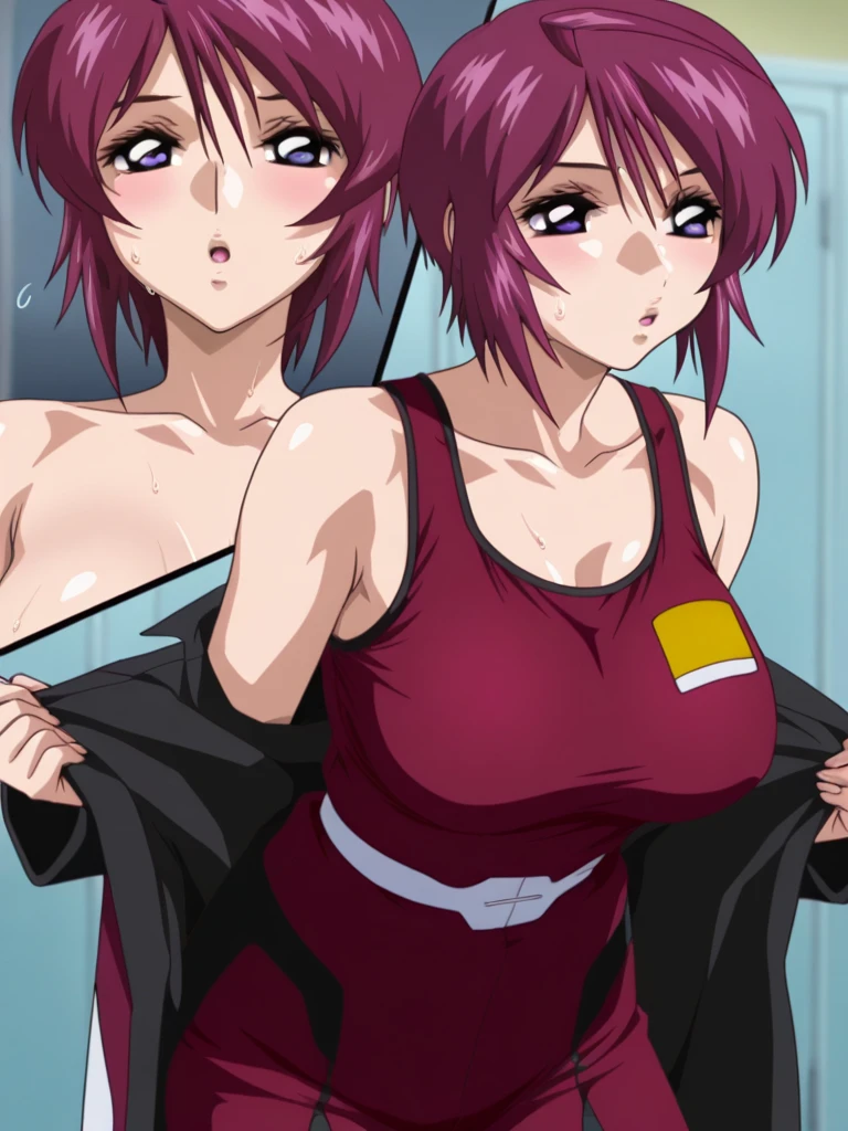 1girl, solo, balcony, topless, bottomless, fully nude, fully naked, happy, sunlight, sunbeam, bloom, standing, large_breasts, enormous tits, cleavage, hairpin, purple_hair, red_eyes, long_hair, masterpiece, best quality, illustration, ultra-detailed, detailed eyes and face,