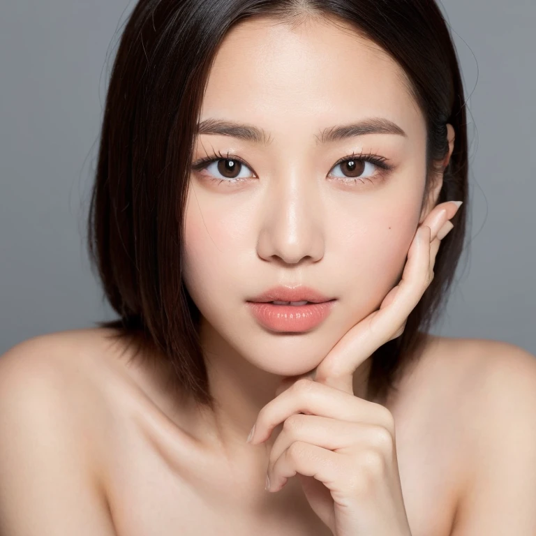 (Highest quality, Tabletop, 8k, Best image quality, Award-winning works), Japanese woman, (Face close-up:1.2), (Pure white background:1.2), (nude:1.1), Closed lips, Perfect beautiful face, Glowing Beautiful Skin, Perfect Makeup